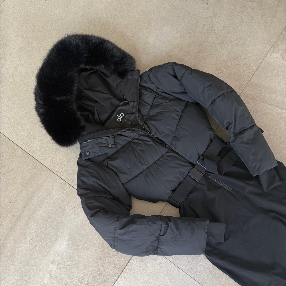 ALO Yoga Black Hooded Fur Trim Jumpsuit - Picture 6 of 9